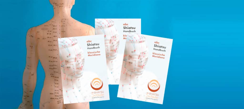 Rückenmodell mit Shiatsu-Meridianen und mehreren Shiatsu-Handbüchern vor blauem Hintergrund.