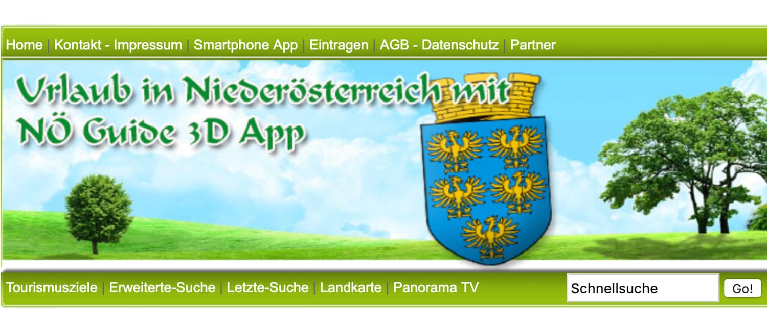 Banner mit Wappen, grüner Wiese und Bäumen mit Text: „Urlaub in Niederösterreich mit NÖ Guide 3D App“.