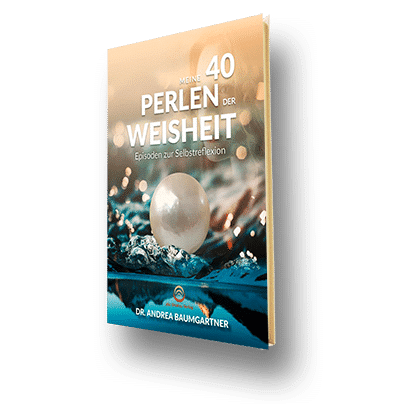 Ein Buch mit dem Titel „Meine 40 Perlen der Weisheit“ zeigt eine Perle vor verschwommenem Hintergrund.