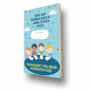 Kinder auf einem Übungsheft mit dem Titel Übungsheft für mehr Konzentration vor blauem, gepunktetem Hintergrund.