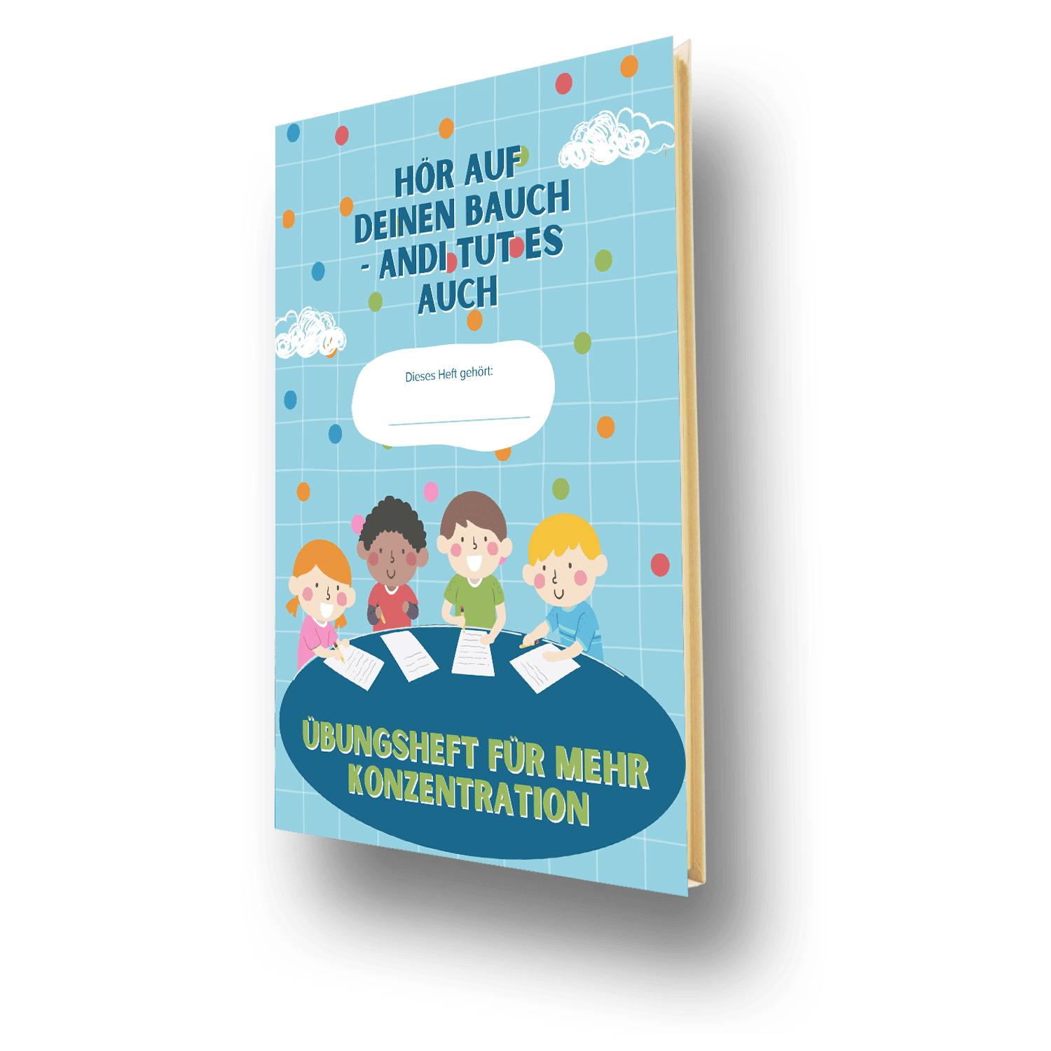 Kinder auf einem Übungsheft mit dem Titel Übungsheft für mehr Konzentration vor blauem, gepunktetem Hintergrund.