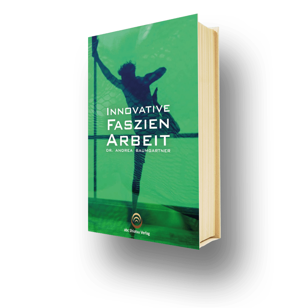 Buchcover von „Innovative Faszienarbeit“ von Dr. Andrea Baumgartner, dargestellt mit grünem Design und Silhouette.