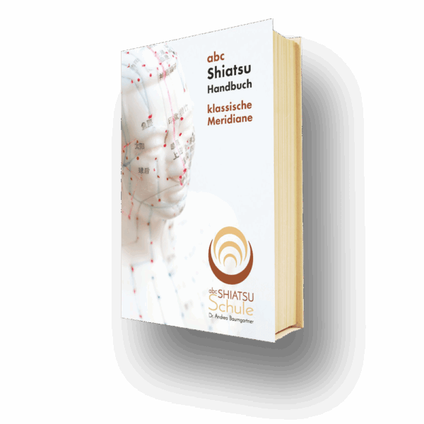 Shiatsu-Handbuch mit einer Abbildung von Meridiane auf einem Modell, veröffentlicht von abc Shiatsu Schule.