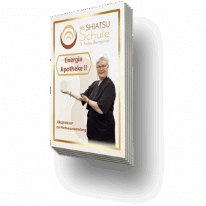 Buchcover einer Shiatsu-Schule mit einer Person, die auf das Thema Energie Apotheke II hinweist.