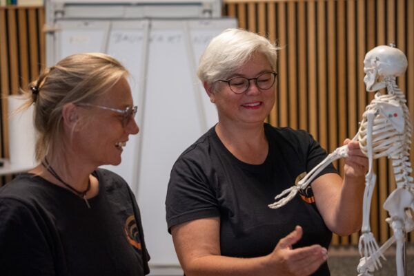 Zwei Personen betrachten ein menschliches Skelettmodell bei einem Shiatsu-Kurs in einem Schulungsraum.