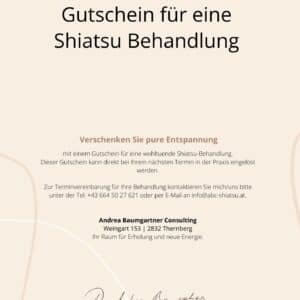 Gutschein für eine wohltuende Shiatsu-Behandlung bei Andrea Baumgartner Consulting in Thernberg.