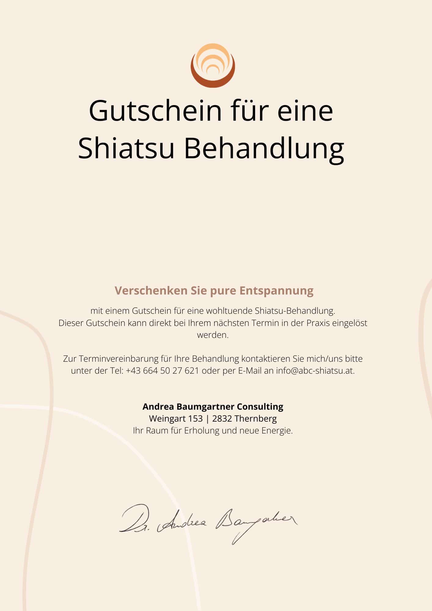 Gutschein für eine wohltuende Shiatsu-Behandlung bei Andrea Baumgartner Consulting in Thernberg.